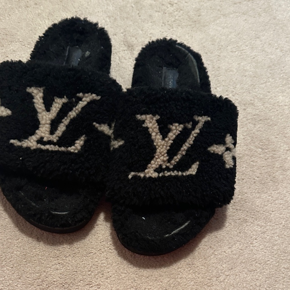 Louis Vuitton Black Fuzzy Sandals